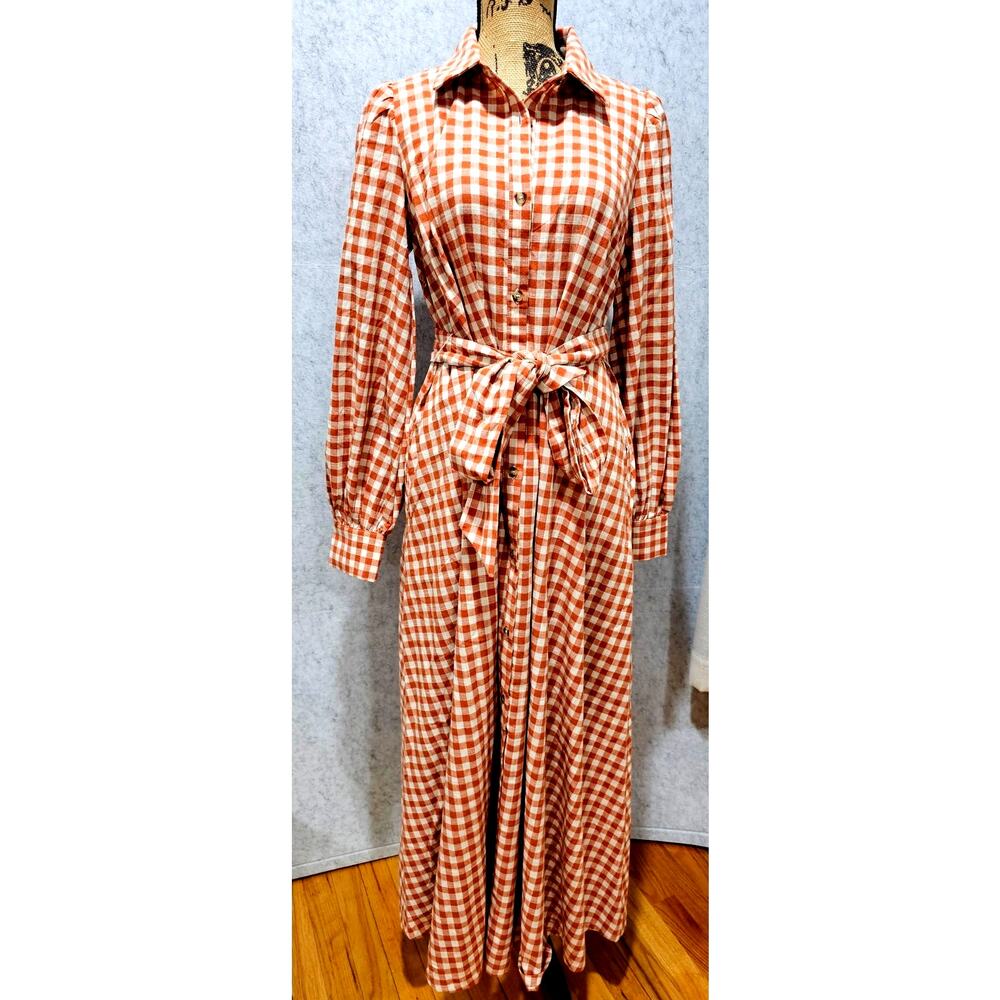 Love Wednesday Gingham Daydream Maxi Shirt Dress Belted Orange Size M, New